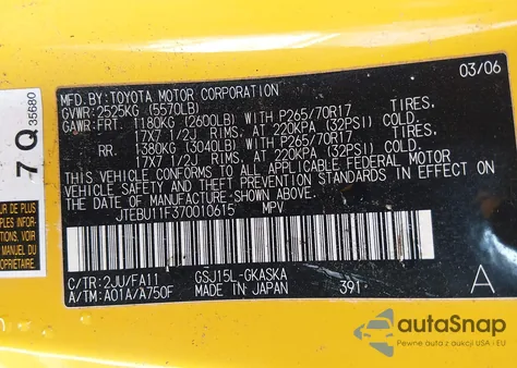 2007 Toyota Fj Cruiser z USA, uszkodzony, nr VIN JTEBU11F370010615